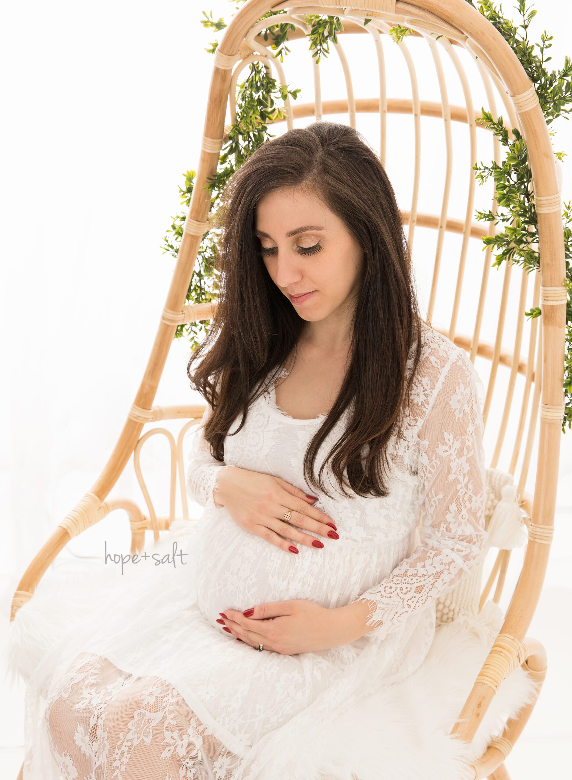 boho studio maternity session expecting mama in wicker egg cocoon chair burlington photographer hope and salt