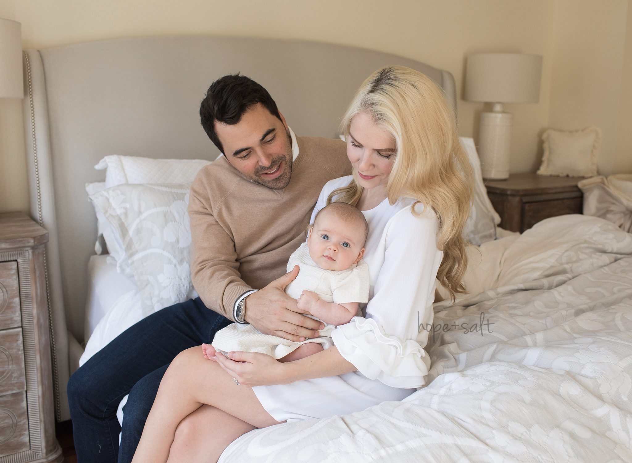 oakville ontario lifestyle family photographer - three month old baby girl Maeve with mom and dad in home session by Hope and Salt